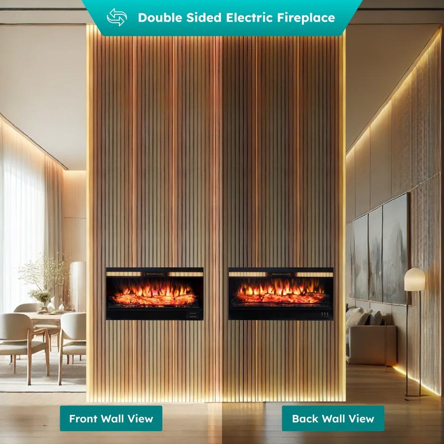 Double Sided Electric Fireplace with Remote & Heating Option