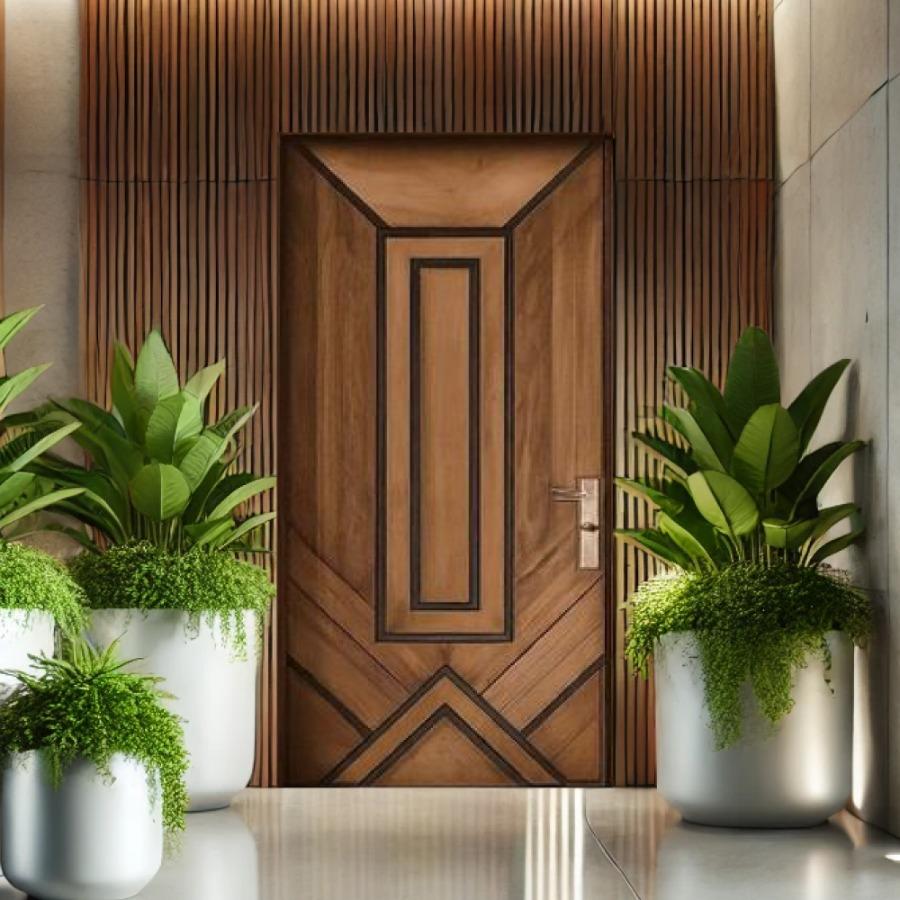 Decorative Geometric Wooden Entrance Door (Unpainted, No Lock or Handle)