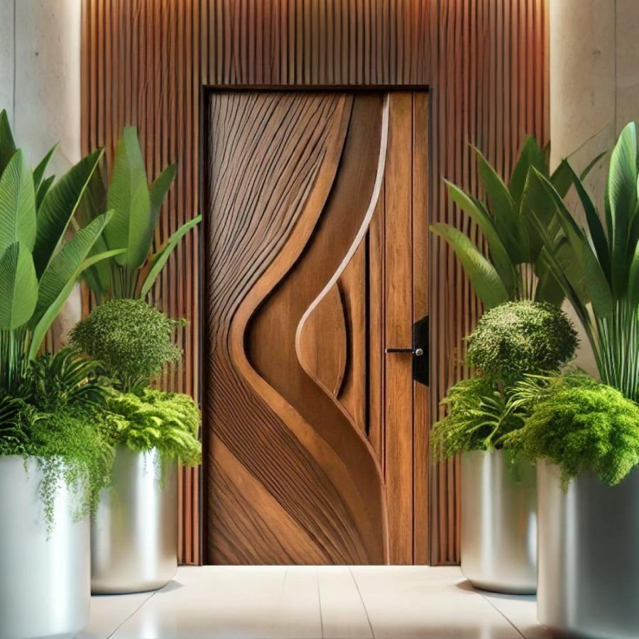Elegant Flowing Curves Wooden Door (Unpainted, No Lock or Handle)