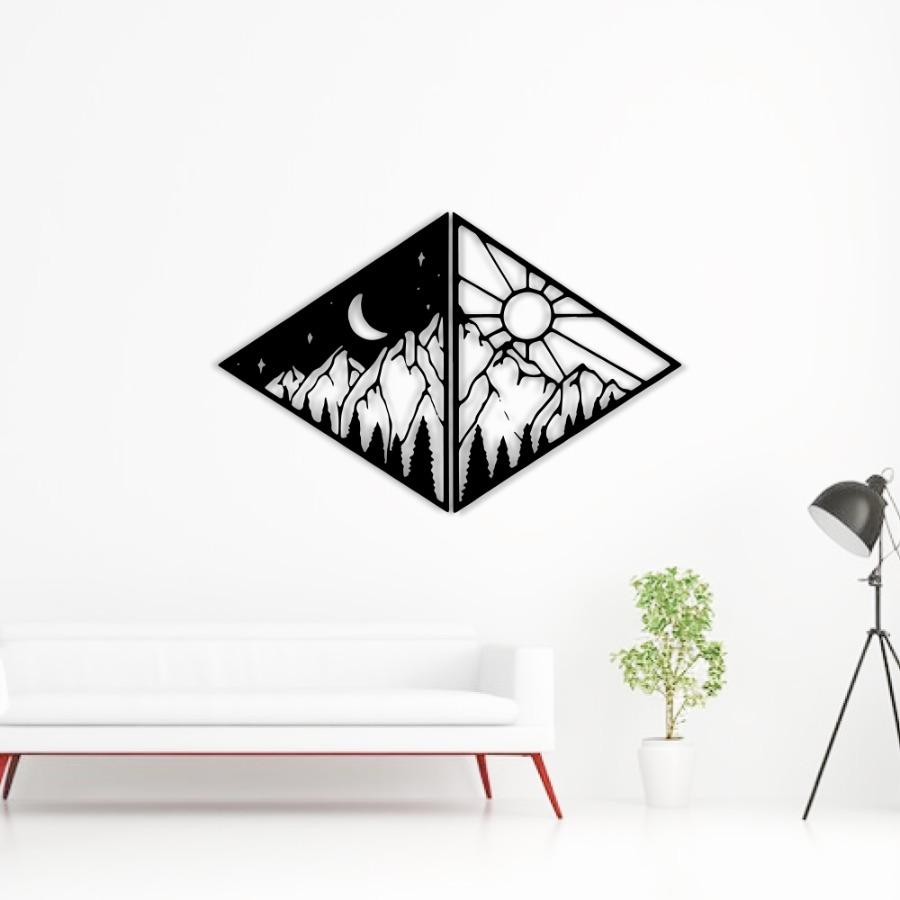 Day and Night Mountains Metal Wall Art | Moon and Sun Wall Decor