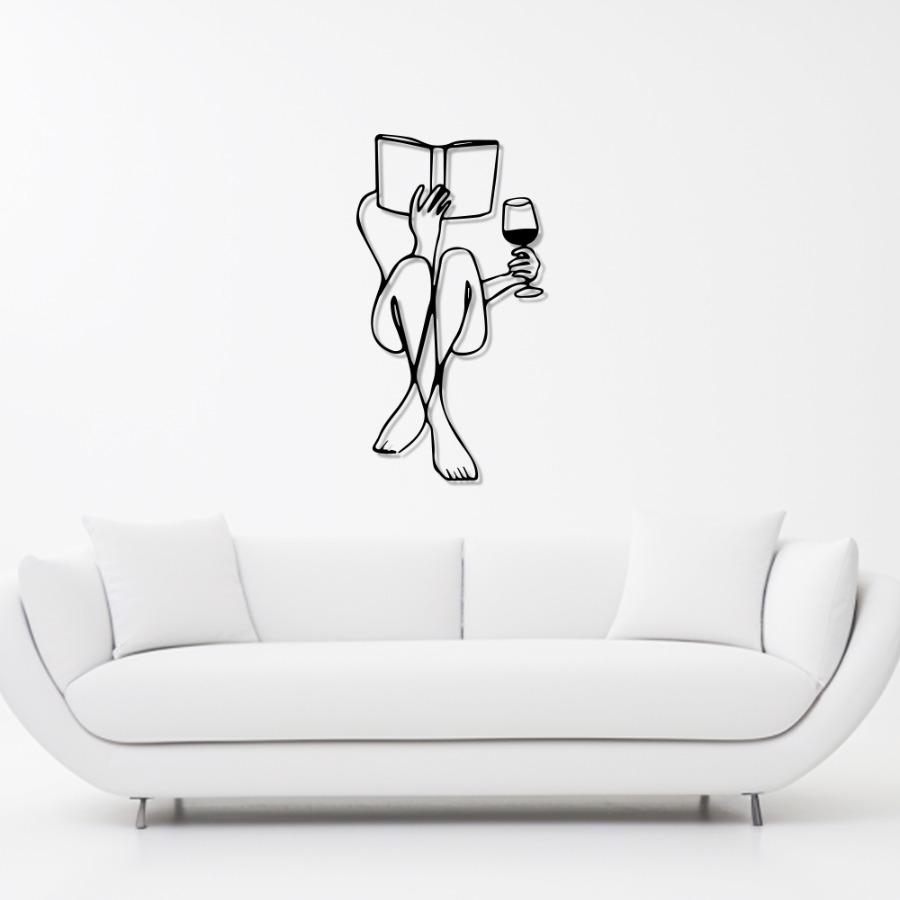 Woman Reading a Book With Wine Metal Wall Art