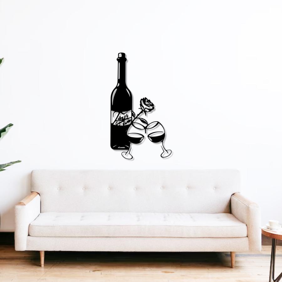 Wine Bottle with Glasses and Rose Metal Wall Art