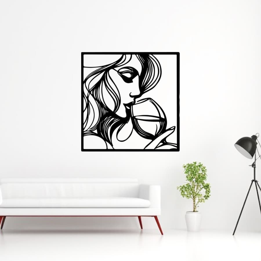 Wine Lover Woman Minimalist Lines Metal Wall Art
