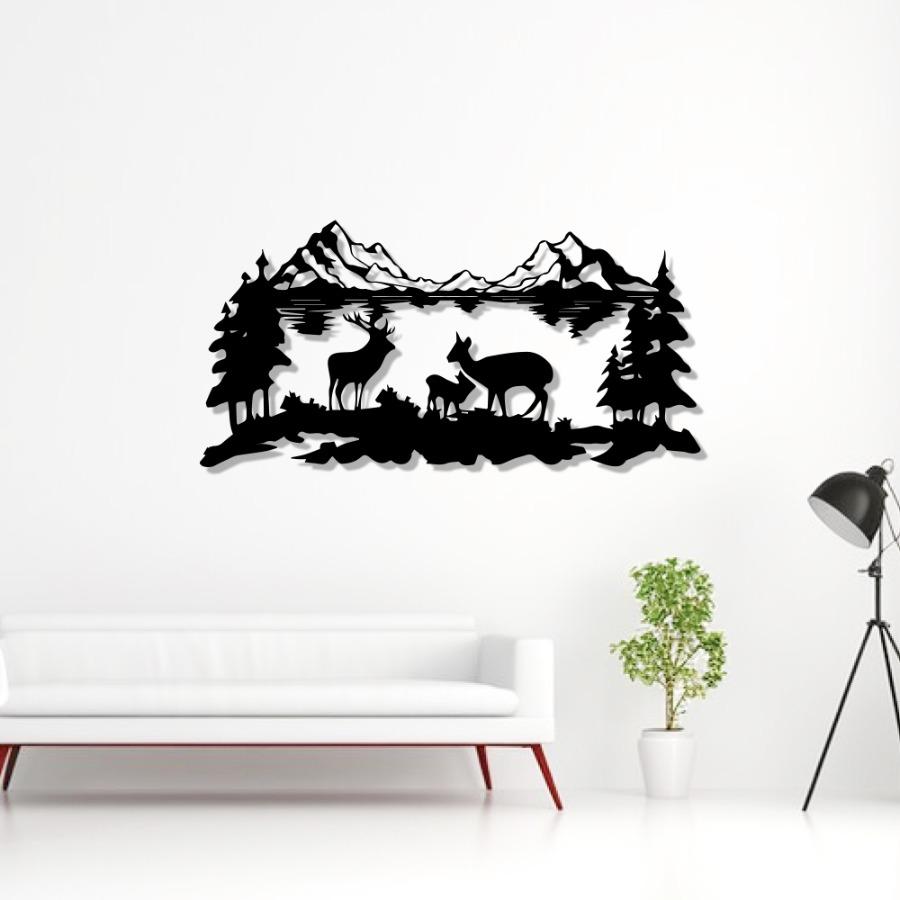 Deer Family Metal Wall Art, Wildlife Decor |Tree Mountain Decoration