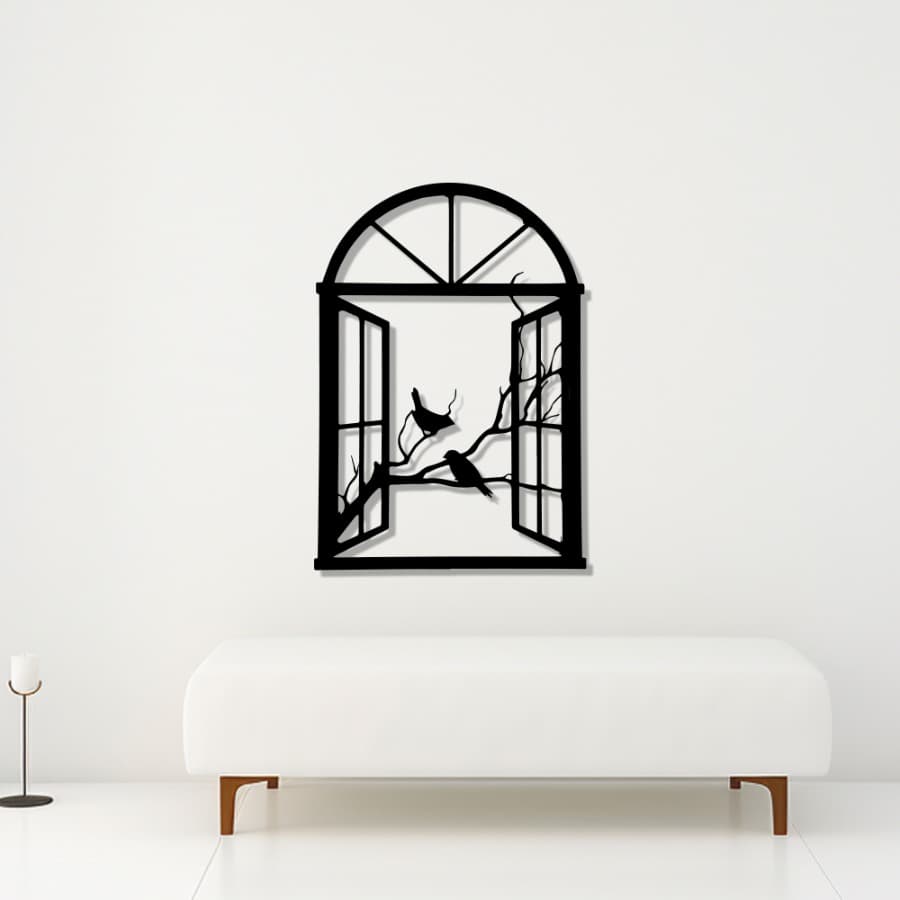 Open Window Metal Wall Art with Birds Silhouette | Metal Birds Wall Decor