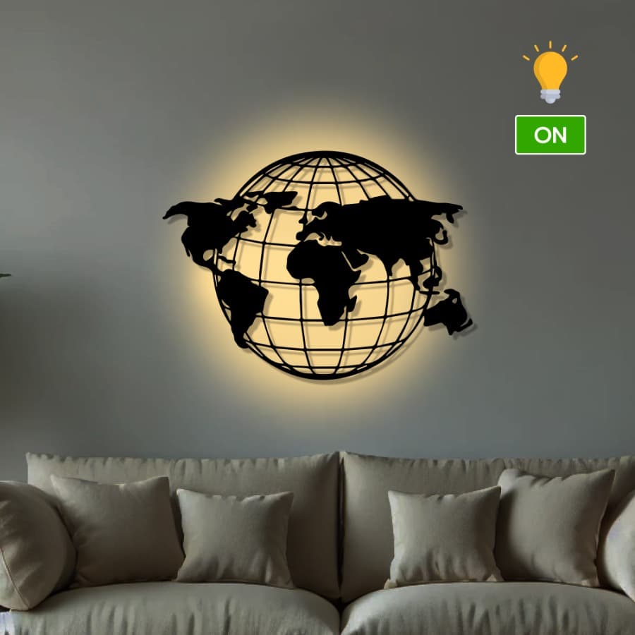 World Map Continents Metal Wall Art, Global Map of The World - Office Wall Decor
