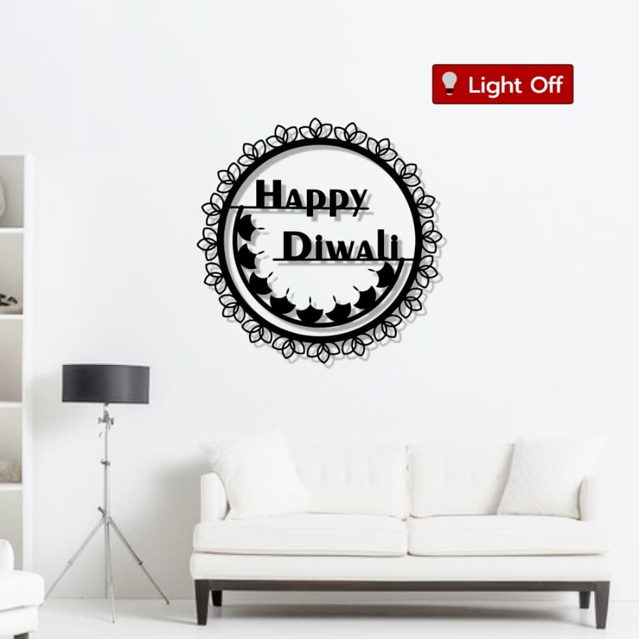Happy Diwali with Surrounding Diyas - Metal Wall Art